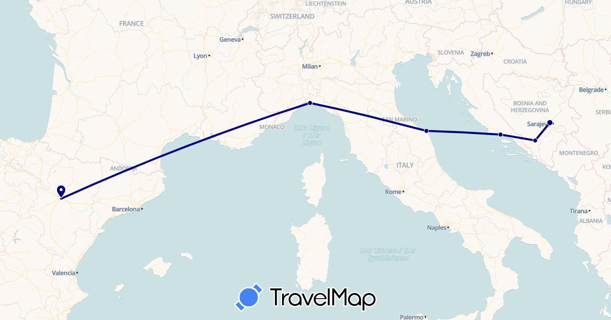 TravelMap itinerary: driving, electric vehicle in Bosnia and Herzegovina, Spain, Croatia, Italy (Europe)