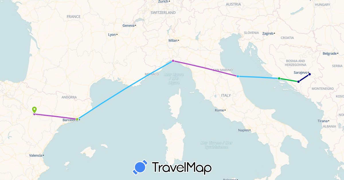 TravelMap itinerary: driving, bus, train, boat, electric vehicle in Bosnia and Herzegovina, Spain, Croatia, Italy (Europe)